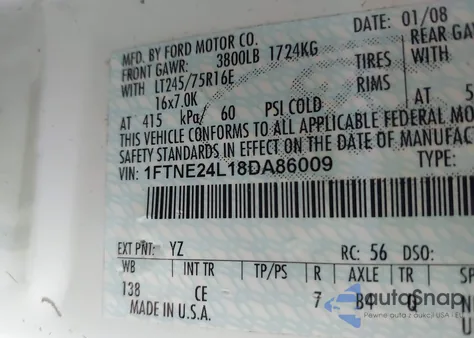 2008 Ford E-250 Commercial/Recreational from USA, damaged, VIN 1FTNE24L18DA86009